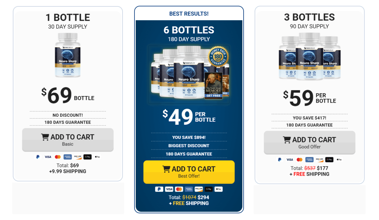 Neuro Sharp pricing: 1 bottle $69, 6 bottles $49 per bottle (best value, free shipping), 3 bottles $59 per bottle